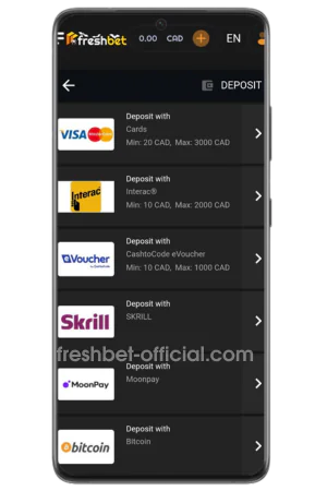 FreshBet Canada first deposit bonus activation interface