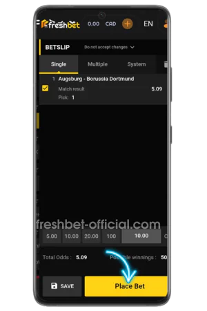 Freshbet Canada bet slip confirmation placement