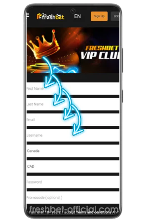 FreshBet Canada casino registration form completion screen