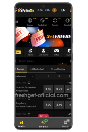 Freshbet sports betting section navigation menu