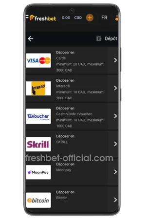 Interface activation bonus premier dépôt Freshbet Canada