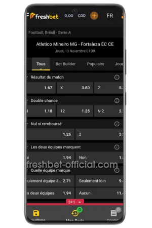 Marchés de cotes ligne d'événement bookmaker Freshbet