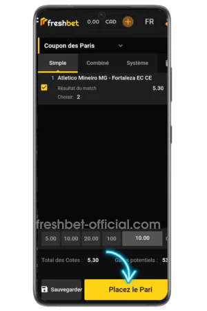 Placement de confirmation ticket de pari Freshbet Canada