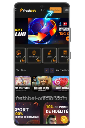 Interface bouton inscription casino Freshbet Canada page d'accueil
