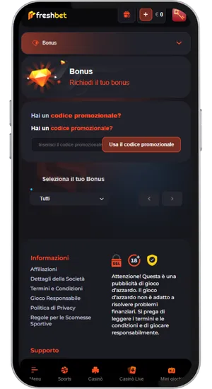 FreshBet Casino Italia welcome bonus successfully credited