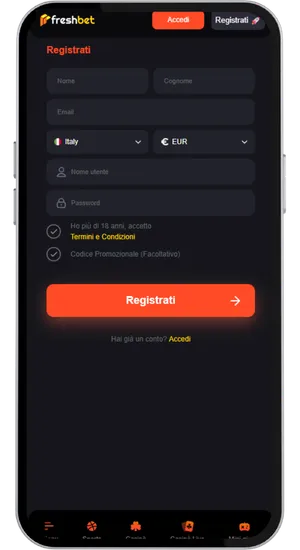 FreshBet Italia casino registration form completion screen