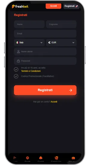 FreshBet Italia casino registration form completion screen