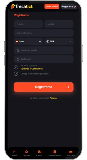 Formulario de registro FreshBet España