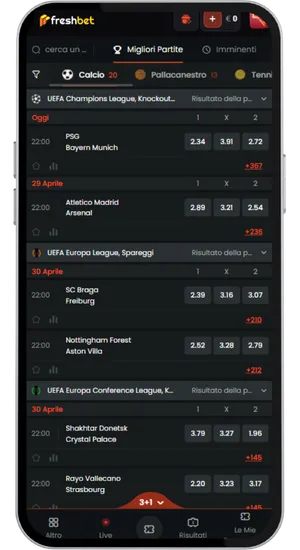 Freshbet sport betting section navigation menu